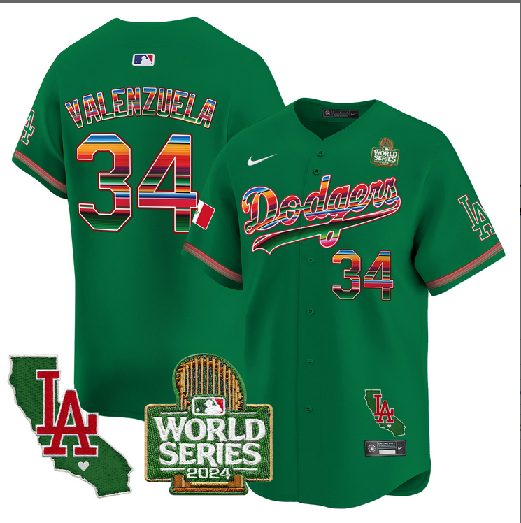 Men MLB Mexico Los Angeles Dodgers 34 Valenzuela green 2024 World Series Champions Patch Jersey 20241105